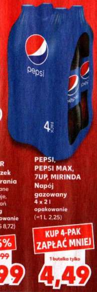 Napój Pepsi, Pepsi Max, 7UP, Mirinda 2 l przy zakupie 4 x 2 l (2,25 zł / l) @Kaufland