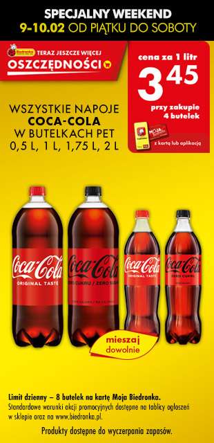 Coca cola 3,45zł za litr przy zakupie 4 butelek @Biedronka