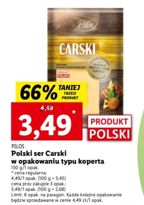 Ser żółty Carski Pilos w kopercie 130 g (przy zakupie 3 szt.) [26,85 zł/kg] @Lidl