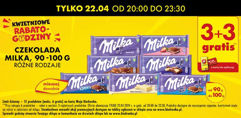 Czekolady Milka 90-100g 3+3 gratis lub Olej Rzepakowy Wyborny 3l - 12.49zł (od 20:00 do 23:30) - Biedronka