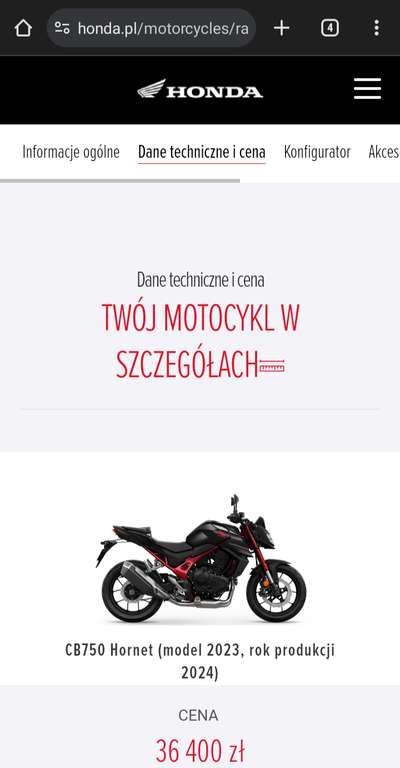 Motocykl Honda Hornet CB750, spalanie 4,3L 92KM(możliwość zdławienia pod kat. A2) Wyprzedaż rocznika 2023
