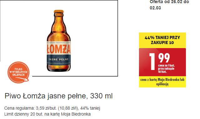 Piwo Łomża jasne pełne butelka 0,33L przy zakupie 10 @Biedronka