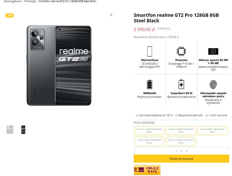 Smartfon realme GT2 Pro 128GB 8GB w 3 kolorach i inne smartfony w promocji