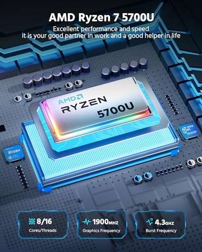 NiPoGi Mini PC, AMD Ryzen 7 5700U(Bis zu 4.3 GHz,8C/16T) 16GB DDR4 512GB SSD €340