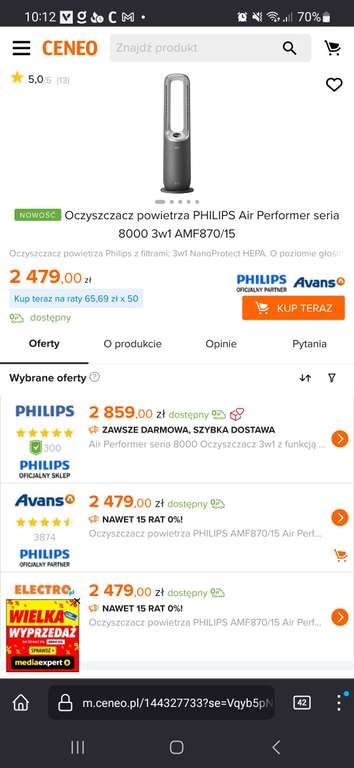 Oczyszczacz powietrza PHILIPS Air Performer seria 8000 3w1 AMF870/15 z Amazon.de - 418,4€