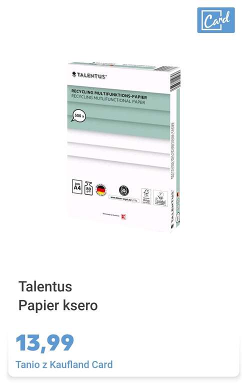 KAUFLAND - papier ksero TALENTUS (A4, 80g/m2, 500 arkuszy) za 13,99 PLN