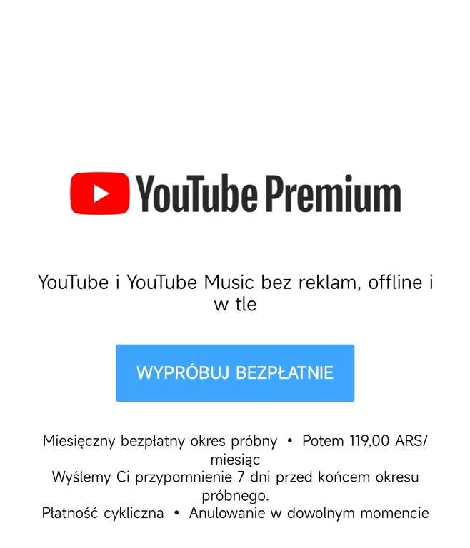 YouTube Premium + YouTube Music od 1,19 PLN/os. Indywidualne - 119 ARS = 4,63 PLN. Opłata rodzinna (do 6 os.) - 179 ARS = 7,11 PLN