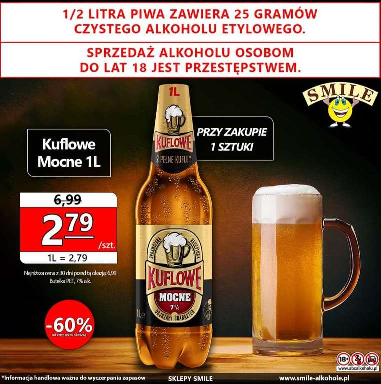 Piwo Kuflowe mocne 1l pet 2,79, Smile Shop Morąg.