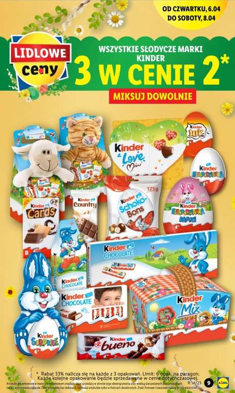 LIDL Wszystkie słodycze marki Kinder 3 w cenie 2, m. in. czekoladki pół metra 300g za 8,66 zł przy zakupie trzech
