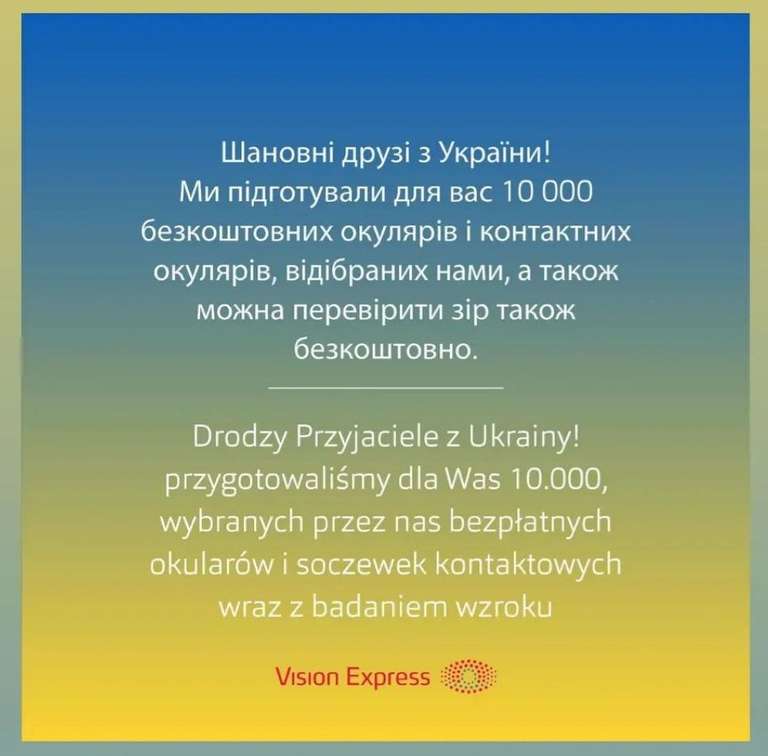10.000 bezpłatnych okularów i soczewek kontaktowych wraz z bezpłatnym badaniem wzroku dla Ukraińców-Vision Express