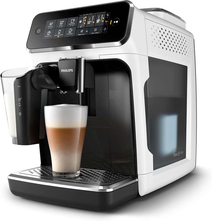 Philips 3200 Series W pełni automatyczny Ekspres do Kawy – Spieniacz LatteGo, 5 Rodzajów Napojów, Wyświetlacz dotykowy, Biały (EP3243/50)