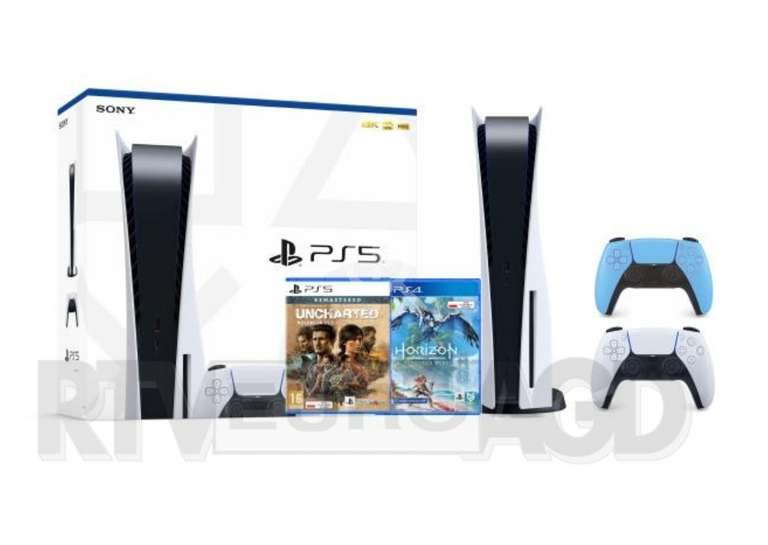 Konsola Sony PlayStation 5 + Horizon Forbidden West + Uncharted: Kolekcja Dziedzictwo Złodziei + dodatkowy pad (niebieski)