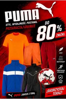 Do 80% znizki na koszulki, spodnie, buty piłkarskie i inne PUMA
