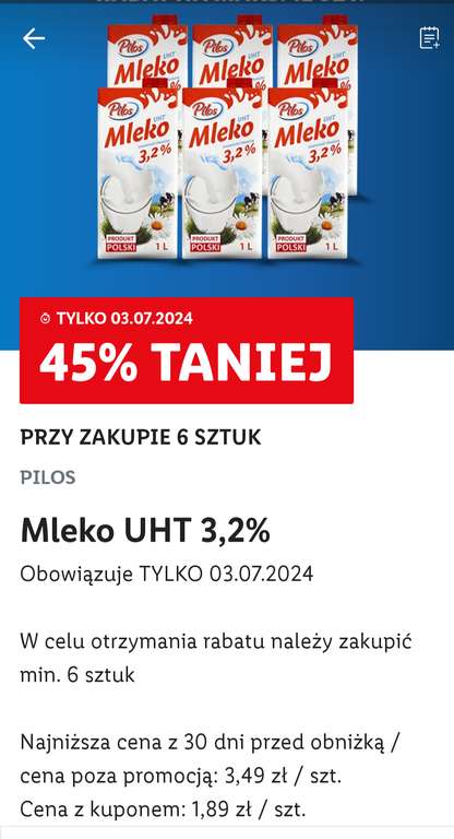 Mleko UHT Pilos 3,2% 1L przy zakupie 6 @Lidl