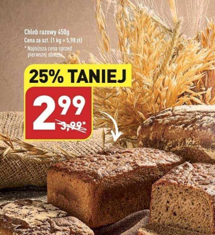 Chleb Razowy - 100% naturalny skład na zakwasie, 500g, 2.99zł @Aldi