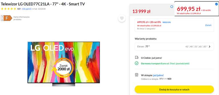 Telewizor LG 77" 4K OLED77C21LA z LG cashback, 20 rat jedna gratis, możliwe 11019zł, w promocji też 65" możliwa cena 5959zł