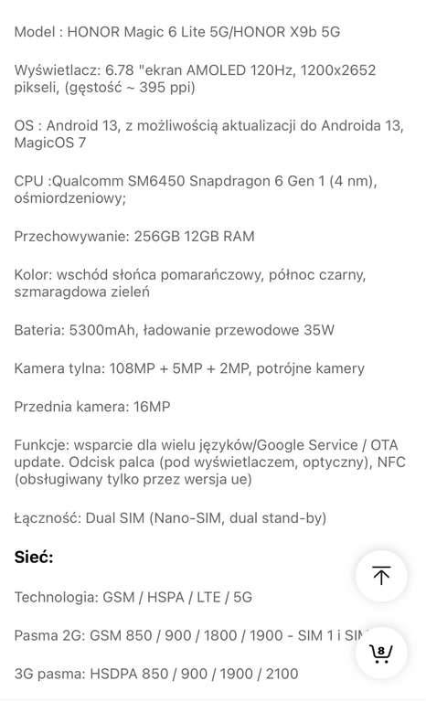 Smartfon HONOR Magic6 Lite 5G 12GB RAM + 256 GB ROM (257€)