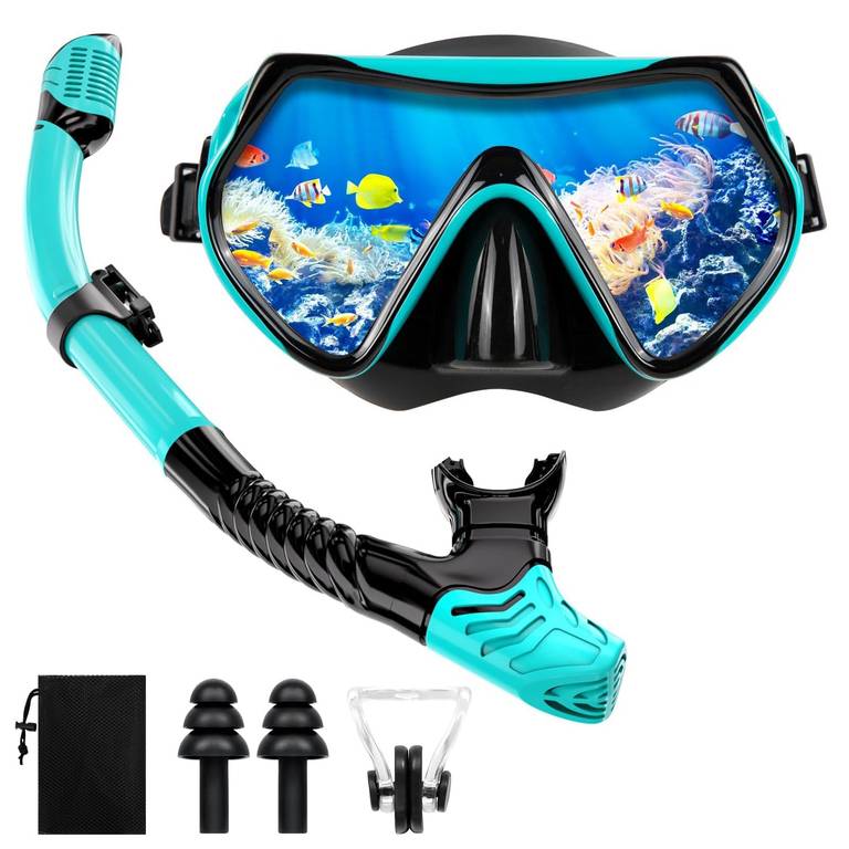 Zestaw do snorkelingu dla dorosłych, suchy, z maską i fajką, ochrona przed zaparowaniem, panoramiczny widok 180°