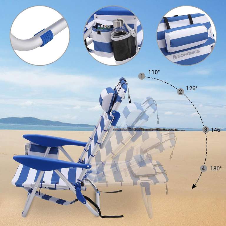 SONGMICS GCB62BU Krzesło plażowe przenośne z zagłówkiem aluminiowe