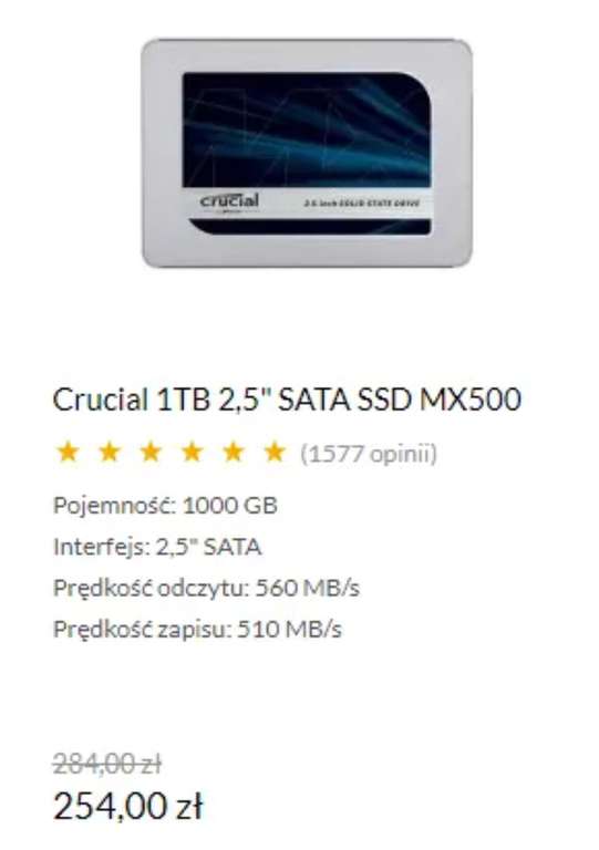 Dysk SSD SATA 2,5" Crucial mx500 1TB