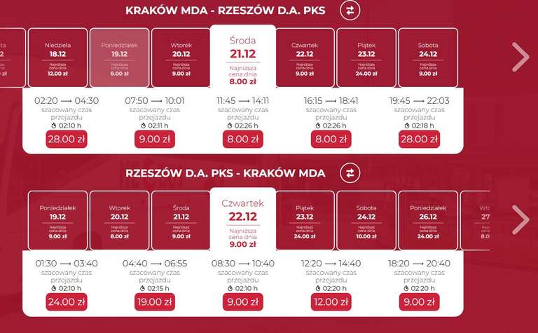 Neobus - bilety relacji Kraków-Rzeszów (święta, grudzień - styczeń)