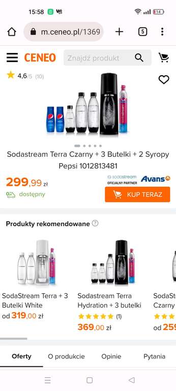 Saturator SODASTREAM Terra Czarny + 3 butelki + 2 syropy Pepsi Max. Kupon Ceneo, sklep Avans.