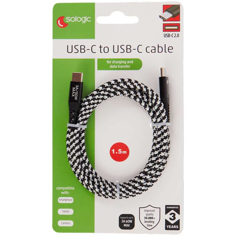 Kabel do ładowania i przesyłania danych Sologic USB-C, 1.5m w oplocie
