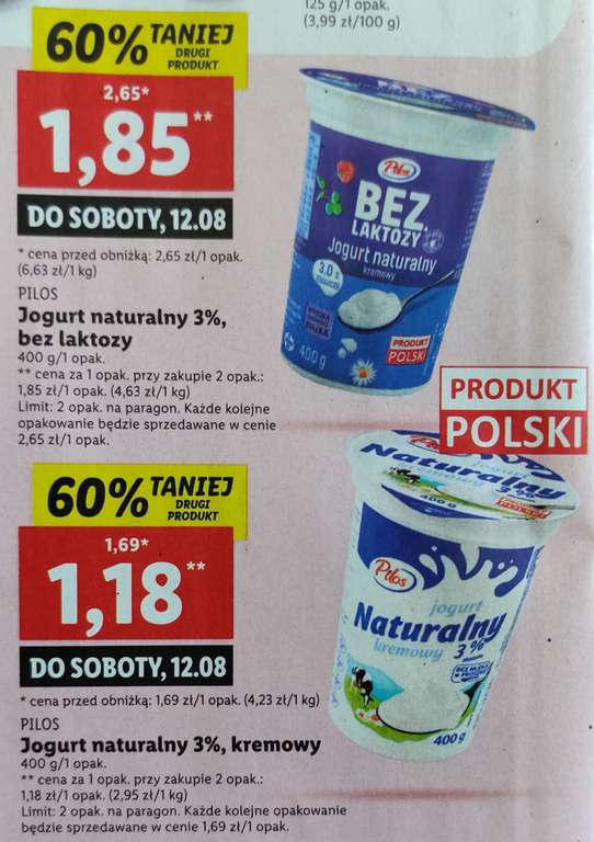 Jogurt naturalny 3% kremowy lub bez laktozy 400g. LIDL