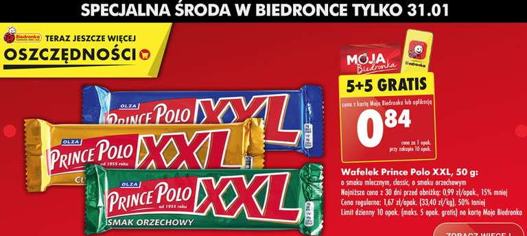 Wafelek Prince Polo XXL 5+5 gratis @Biedronka