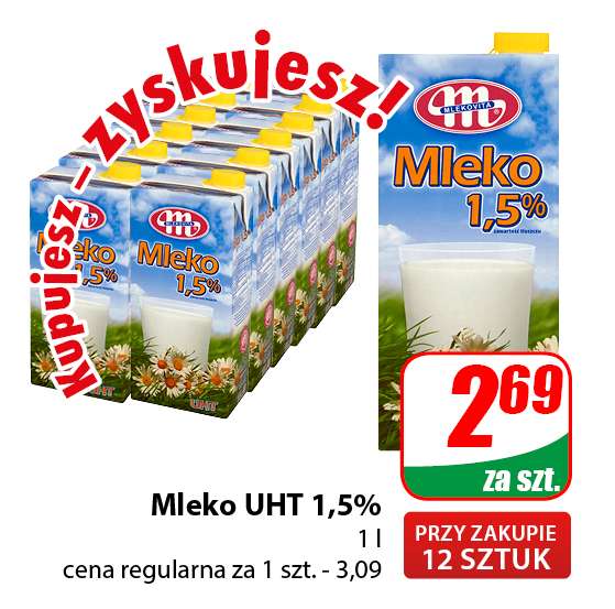 Mleko UHT 1.5% 1 l przy zakupie 12 szt. Mlekovita @Dino