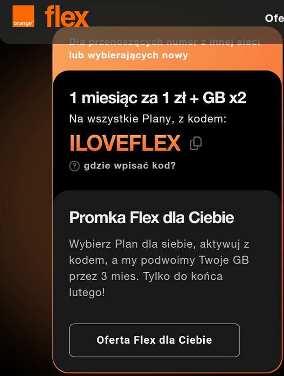 Pierwszy miesiąc za 1 zł + 2 x więcej GB przez 3 miesiące dla nowych przenoszących numer z innej sieci lub Orange @ Orange Flex