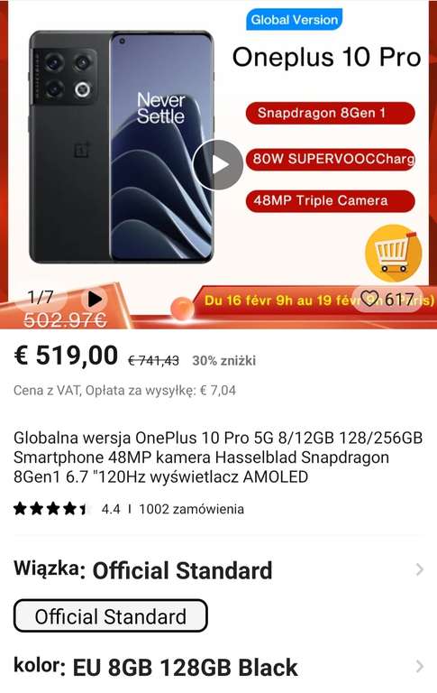 Smartfon OnePlus 10 PRO 8/128GB Snapdragon 8 Gen 1 120Hz @519EUR wysyłka z FRANCJI