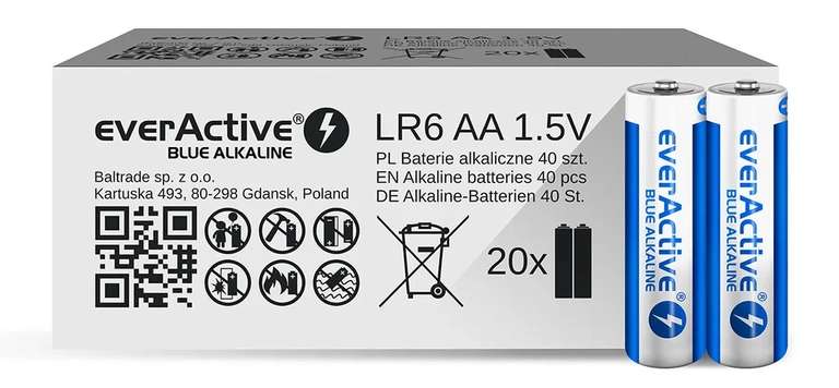 Baterie alkaliczne AA / LR6 everActive Blue Alkaline - 40 sztuk - pakowane 2 sztuki - 5 letnia trwałość