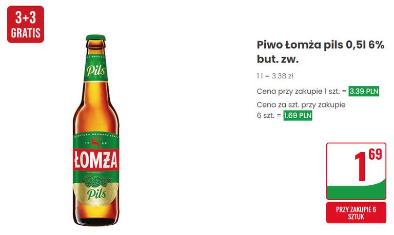 Piwo Łomża pils but.zw. 0,5L 3+3 gratis @Dino