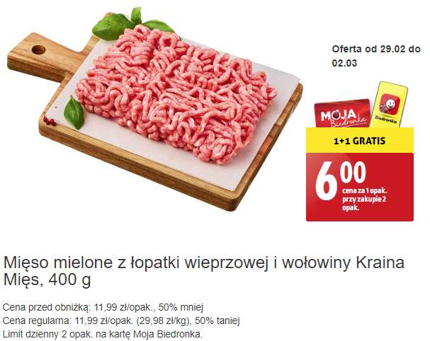 Mięso mielone z łopatki wieprzowej i wołowiny 1+1 gratis /Kraina Mięs/ 400 g cena za opakowanie przy zakupie dwóch @Biedronka