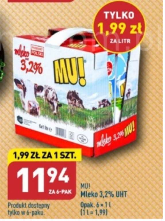 Mleko UHT 1 l 3,2 % przy zakupie 6 opak. (1,99 zł/ opak.) @Aldi
