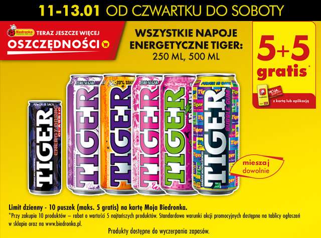 Wszystkie Napoje energetyczne Tiger 5+5 gratis z kartą - Biedronka