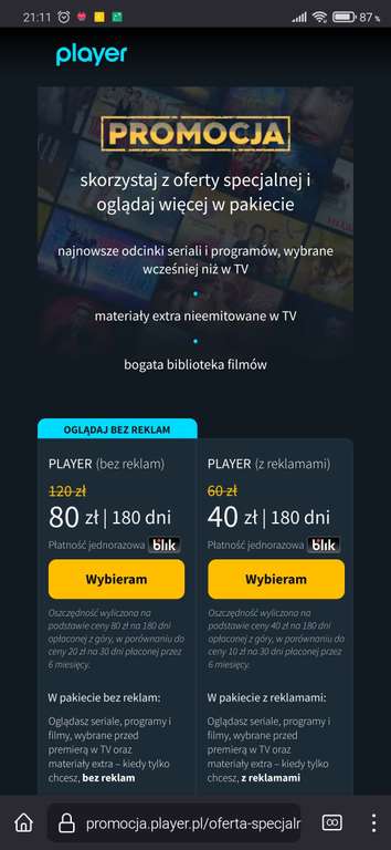 Player bez reklam na 180 dni za 80zł lub z reklamami za 40 zł