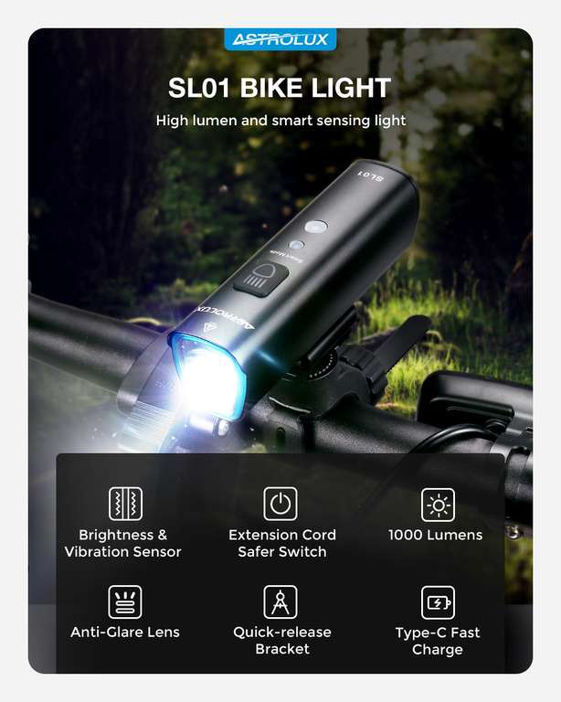 Latarka rowerowa Astrolux SL01 (SST40, 1000 lm, tryb automatyczny, USB-C) | Wysyłka z CN | $18.99 @ Banggood