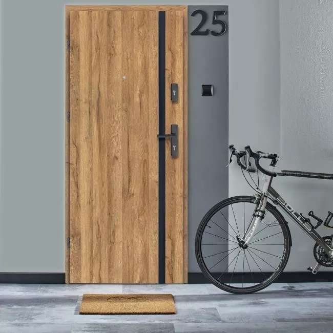 Zestawienie drzwi pokojowych i zewnętrznych w promocji np. Drzwi wewnątrzklatkowe Ateron 80 (lewe, dąb grandson, czarna linia) za 998 zł