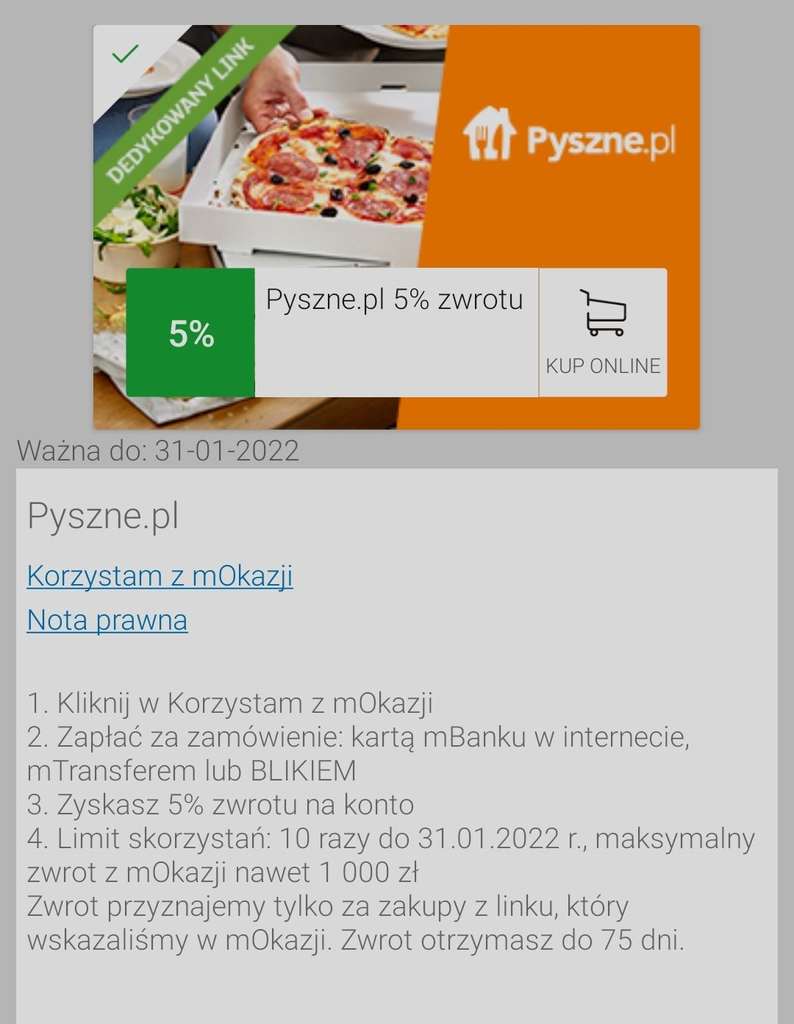 Cashback 5% Pyszne.pl w aplikacji mBank