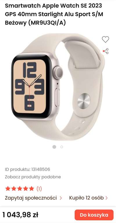 Smartwatch Apple Watch SE 2023 GPS 40mm Starlight Alu Sport S/M Beżowy (MR9U3QI/A)