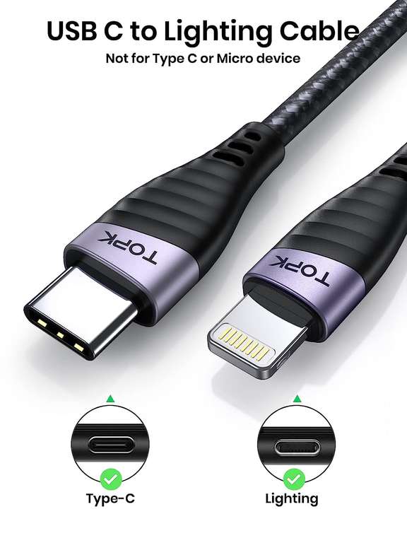 Prime: Kabel USB C do Lightning, TOPK 2-pak 1,8 m/2 m nylonowy kabel do szybkiego ładowania (certyfikat MFi)