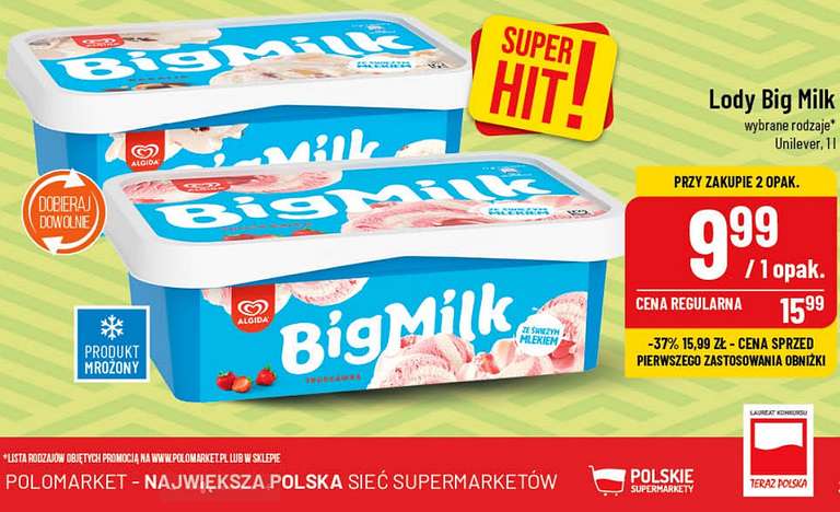 Lody Big Milk 1L za 9,99 zł za opakowanie przy zakupie 2 w Polomarket