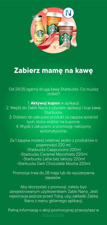 Kawa Starbucks 1+1 za 1 żappsa Żabka Nano