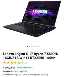 Laptop 17 calowy, Lenovo Legion 5-17 Ryzen 7 5800H/16GB/512/Win11 RTX3060 144Hz 17,3 cala, 17 cali