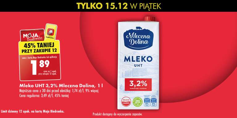 Mleko Mleczna Dolina 3,2% 1L @Biedronka przy zakupie 12