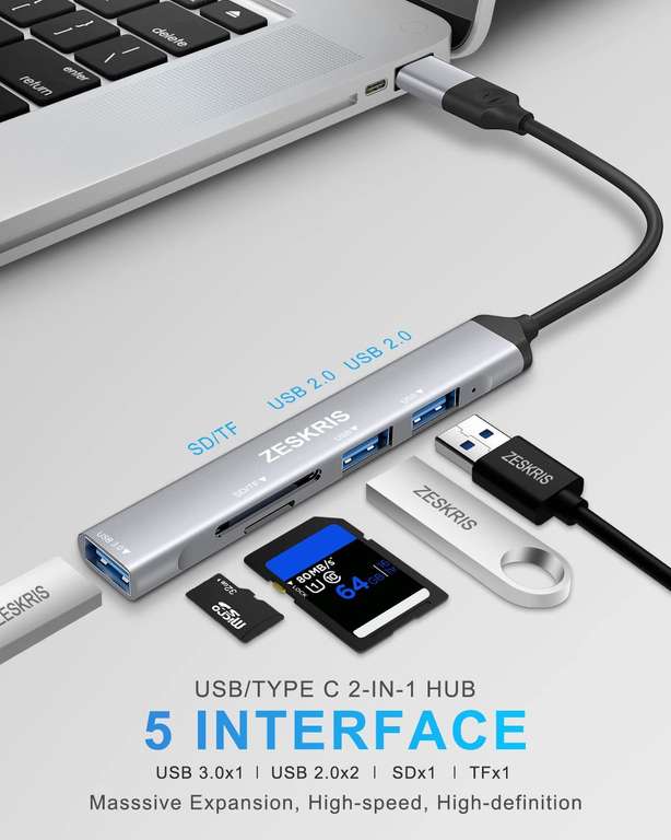 Hub USB C, ZESKRIS 5 portów, ultracienki koncentrator danych typu C z 1 USB 3.0, 2 USB 2.0, TF/SD/MicroSD