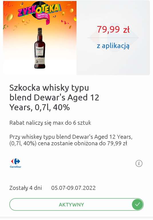 Whisky dewar's 12, 0,7l 40%. Kupon w aplikacji Carrefour.