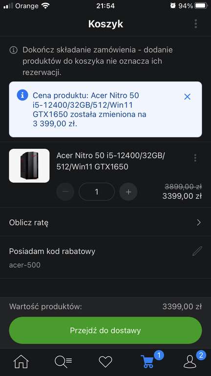 Komputer Acer Nitro 50 i5-12400/32GB/512/Win11 GTX1650